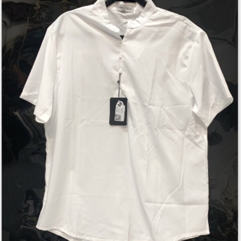 Pologize Mens White Shirt Partial Button Short Sleeve Sz Med Standing Collar